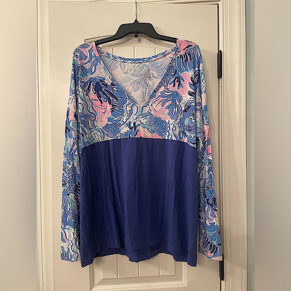 Lilly Pulitzer Finn Long-sleeve V Neck Top Sz XL, Blue Shade Seekers